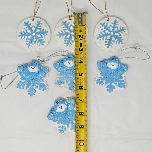 Vintage Christmas Ornaments Snow Flake Blue White Ceramic Hand Painted Set Of 7 - Picture 10 of 10